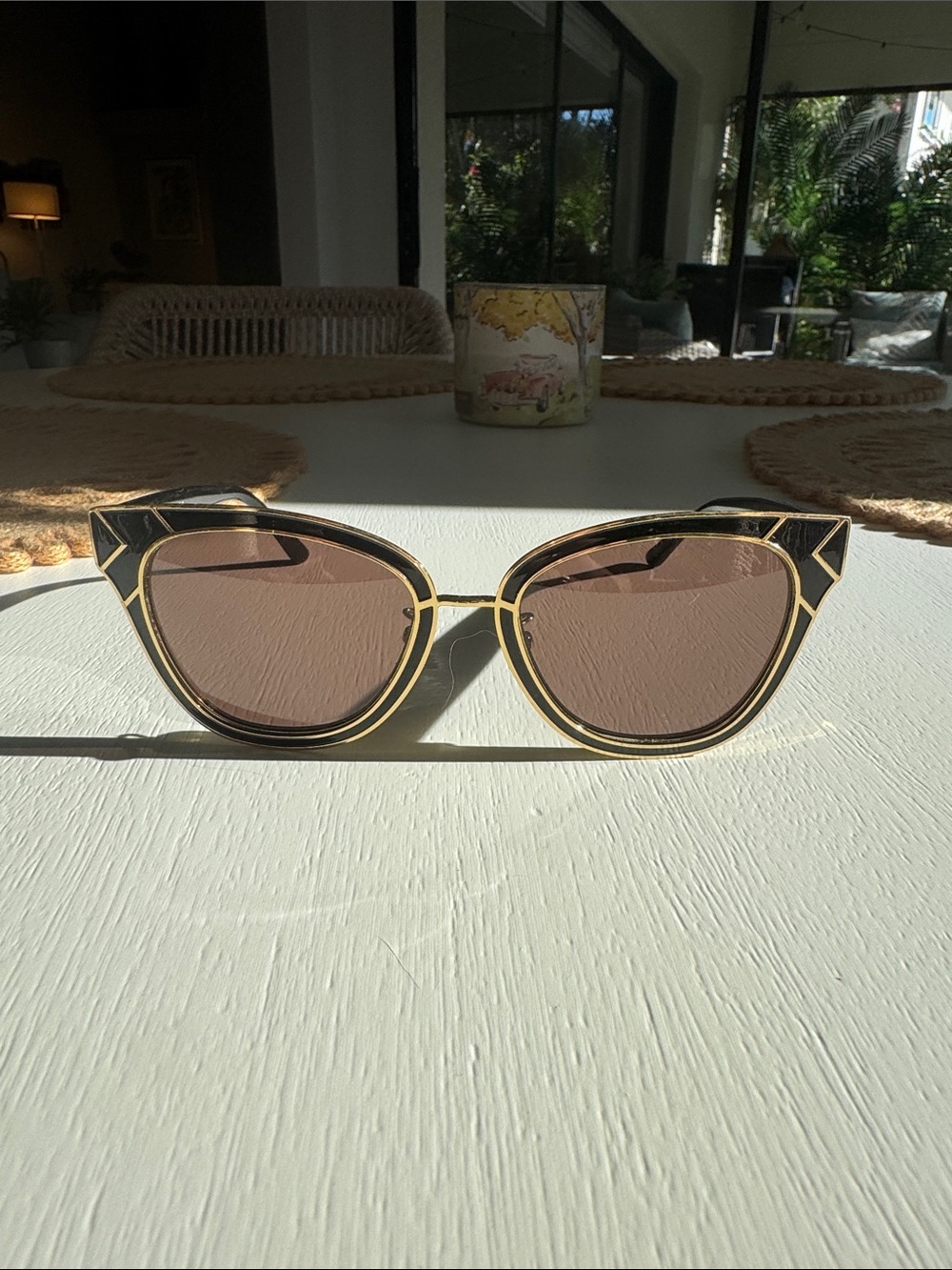 Tory Burch Black and Gold Cat-Eye Sunglasses with Brown Lenses